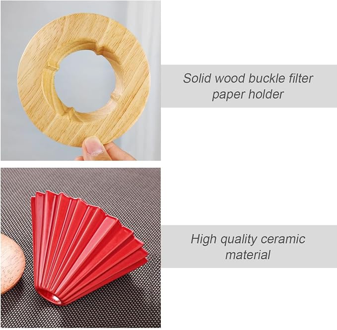 Ceramic Coffee Dripper with Wood Cup Stand Pour Over Coffee Maker Elegant Flower-shape V60 Strainer for 1-2 Cups Slow Brewing Accessories for Home Coffee Shops Restaurants Red