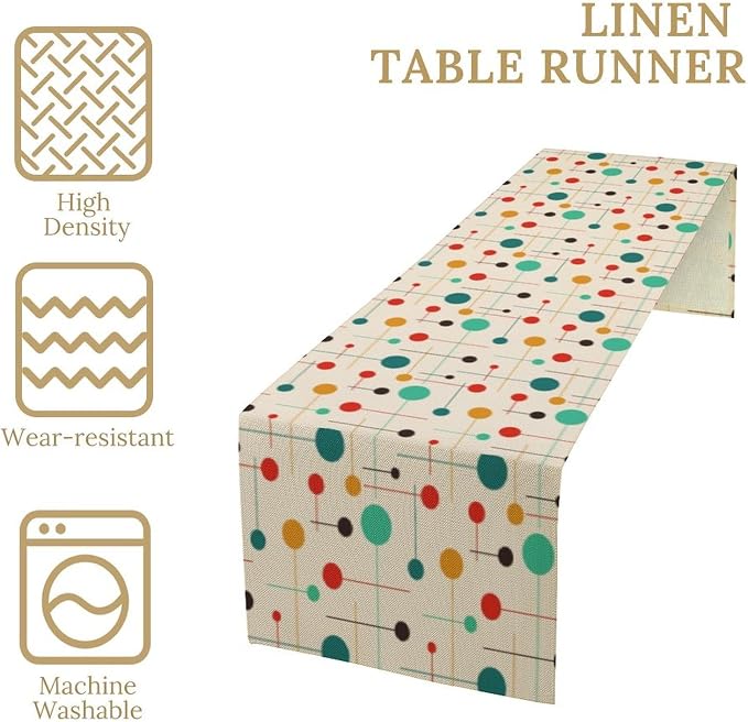 Mid Century Modern Table Runner, 1970s Geometric Pattern Contemporary Style Table Runner Country Farmhouse Cottage Linen Table Decoration for Home Kitchen Dining,13" x70