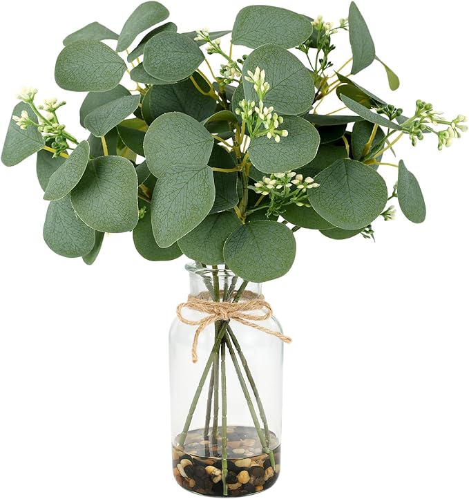 MACTING Artificial Eucalyptus Stems in Glass Vase with Faux Water Stones 14" Artificial Plants Indoor Eucalyptus Leaves for Table Centerpieces Bathroom Kitchen Living Room Shelf Home Decorations