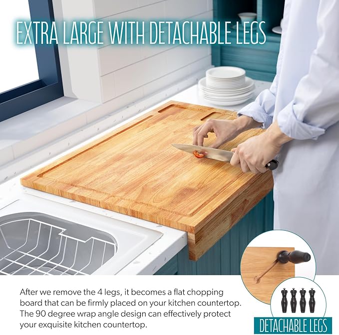 Extra Large Solid Wooden Cutting Board and Stovetop Cover, 3 in 1 Stove Top Cover Chopping Board with Detachable Legs and Juice Groove, Sink Cover Board (1, Light Brown)