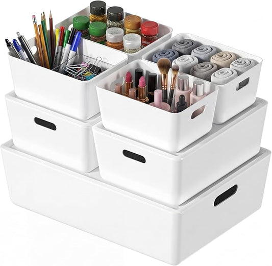 7 Pack White Storage Bins, Storage Bins with Lids, PET Plastic Pantry Organizers and Storage, Stackable Storage Bins for Kitchen, Bathroom, Closet, Office (White)