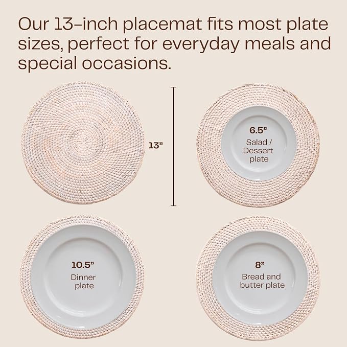 4-Pack Rattan Placemats - 13-inch Round Placemats (Whitewash) - Woven Place Mats, Round Table Mats - Wicker Chargers for Dinner Plates, Plate Chargers Boho