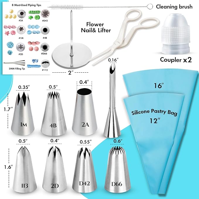 15PCS Reusable Piping Bags and Tips Set - Cake Decorating Kit with 8 Stainless Steel Nozzles, 2 Silicone Pastry Bags, 2 Couplers, Flower Nail, Lifter, Guide & Brush