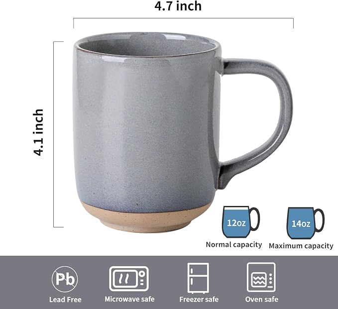 Ceramic Coffee Mugs Set of 4, 14oz Coffee Cups with Large Handle, Stoneware Two-Tone Tea Mugs for Latte and Cappuccino,Slate Gray Speckled, Terracotta Base,Housewarming Gift,Dishwasher&Microwave Safe