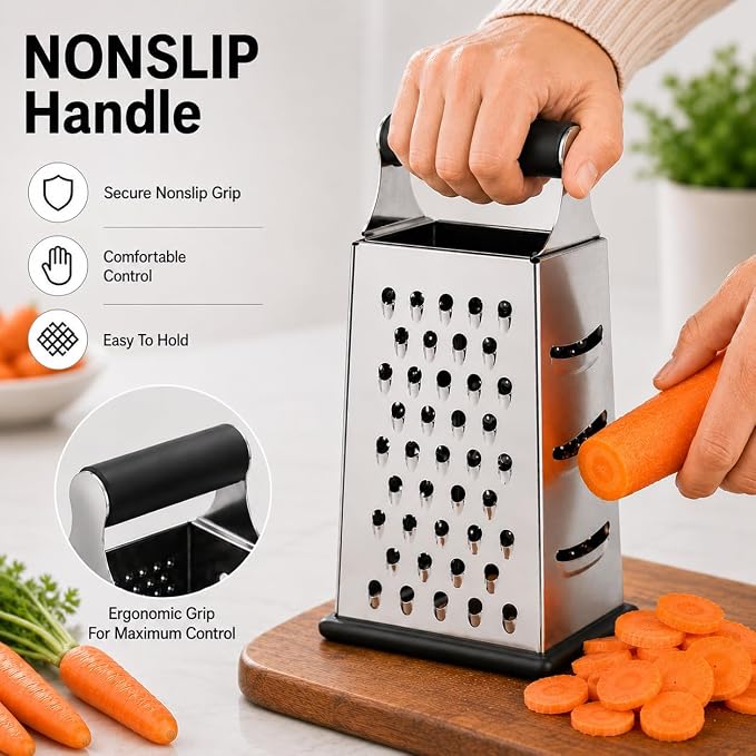HIC Kitchen Professional Grater Zester, Stainless Steel, Non-Slip Base and Handle, 4 Multi-Grating Surfaces