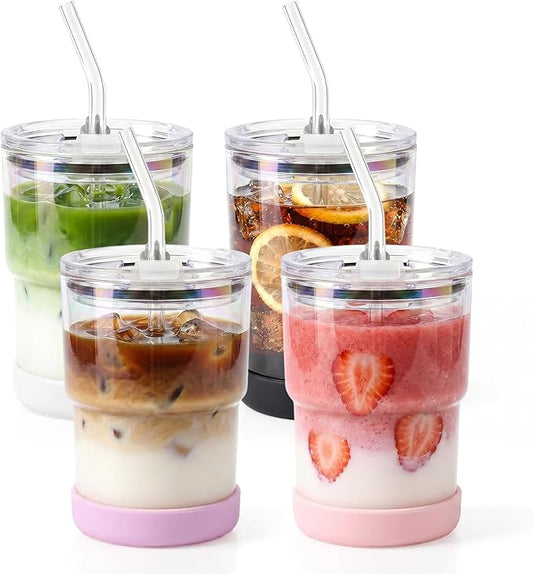 13 Oz Glass Cups with Lids and Straws, Reusable Iced Coffee Water Tumblers, Sealed Carry-On Thick Wall Drinking Cups for Cold Brew, Smoothie, Juice (4 Pack-Aurora-Mixed Colors)