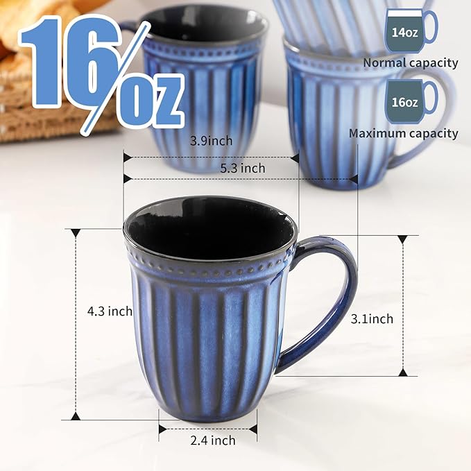 Coffee Mugs Set of 4, 16oz Navy Blue Ceramic Coffee Mug with Embossed Ribbed, Farmhouse Tea Cup Set for Latte, Cappuccino, Milk, Large Handle, Suitable for Office Home Restaurant Housewarming Gift