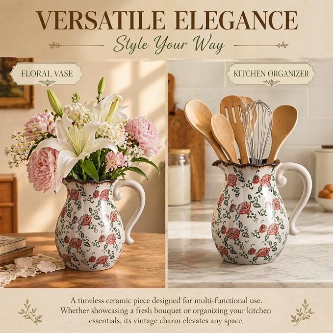 Utensil Holder,Stylish Vintage Ceramic Vase,8.3 Inch Hand-Painted Roses with Ice Crackle Glaze Finish,American Farmhouse Style Pitcher Vase for Home Décor Kitchen Island