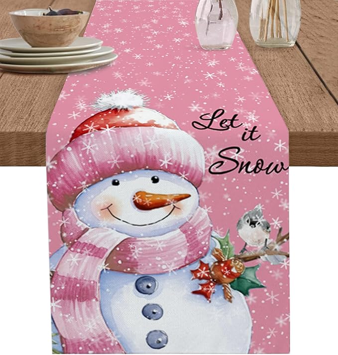 Snowman Christmas Table Runner - 72 Inch Long, Pink Xmas Winter Snowflake Dining Table Runner Dresser Scarves, Rustic Let Snow Bird Christmas Decor for Coffee Table Wedding Party Banquet, 14x72 in