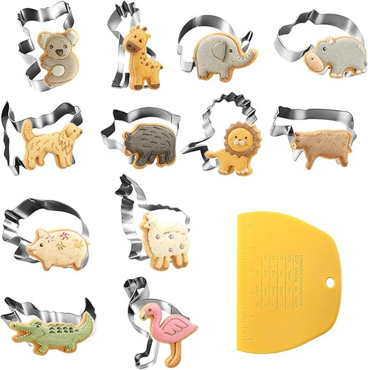 Animal Cookie Cutters Set with Dough Cutter, 12 PCS Zoo Animal Shapes Cookie Cutters with Lion, Panda, Koala, Elephant, Dog, etc. (Gift Box)