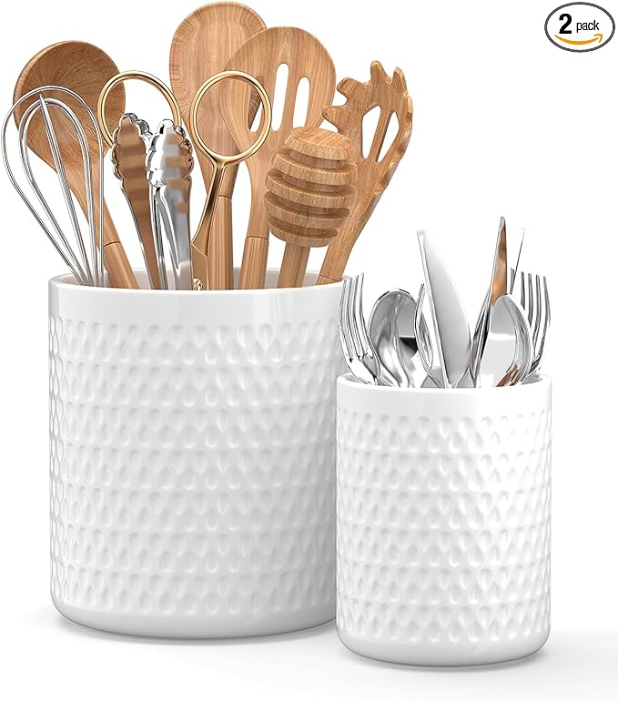 Ceramic Utensil Caddy, Large Spatula Holder, 6.8 inch Cooking Utensil Holder for Kitchen Counter, Farmhouse Kitchen Decor for Silverware Spoon Crocks 2PCK