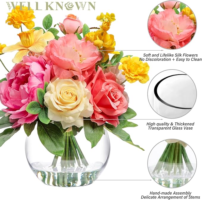 Artificial Flowers Centerpieces in Glass Vase with Fake Water, Silk Rose Peony & Daffodil Bouquet with Vase for Birthday Party Wedding Dinning Table Office Hotel Decor Gift (Yellow, Coral & Hot Pink)