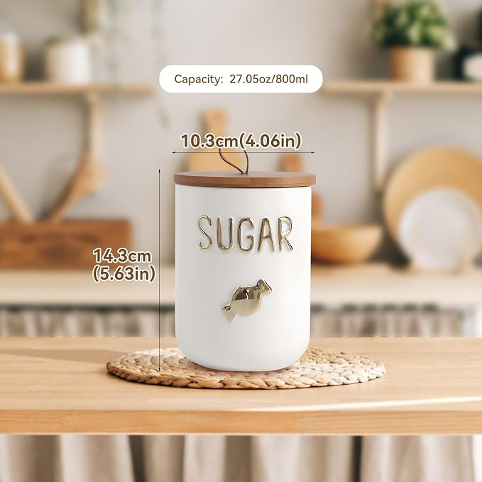 Ceramics Sugar Container, Sugar Bowl with Airtight Lids, Simple Style Kitchen Canisters for Countertop, White Sugar Storage Canisters(27.05oz/800ml)