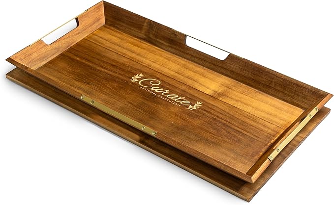 Curate Large Acacia Wood Serving Tray with Handles for Coffee Table, Breakfast & Dinner, Rustic Decorative Wooden Serving Tray for Kitchen, Dining & Charcuterie Boards, (20.8” x 15.3” x 2”)