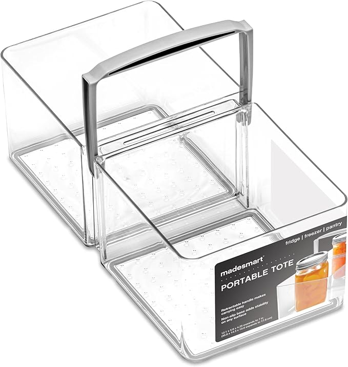 madesmart Fridge Portable Tote, Condiment Caddy with 2 Compartments, Pop-Up Handle & Non-Slip Base, Refrigerator Organizer for Sauces, Jars & Small Items, Clear
