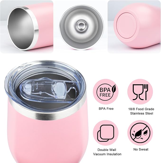 MEZMUT 12 Oz Insulated Wine Tumbler with Lid Double Wall Vacuum Stainless Steel Wine Glass Coffee Mug Insulated Tumbler Cup for Champaign, Cocktail, Beer (Pink, 4 Pack)
