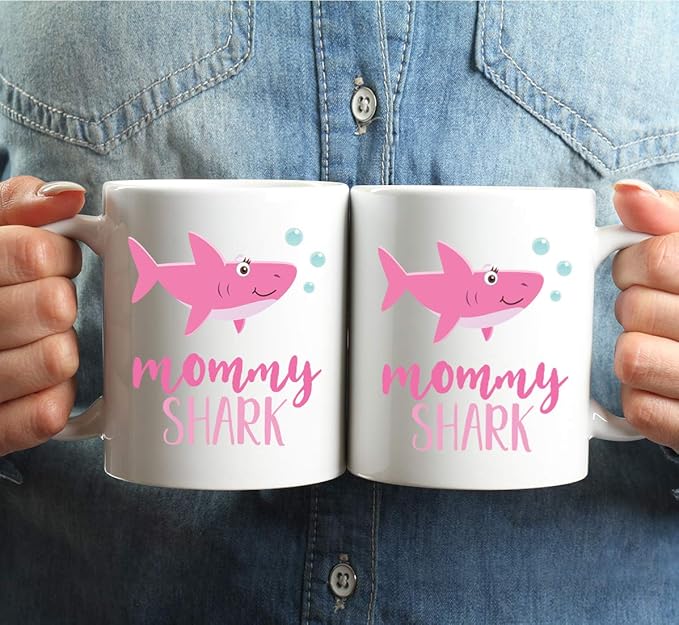 Andaz Press Baby Shark Lesbian Family 11oz. Coffee Mug Gift Set, Mommy Shark, Mommy Shark, 2-Pack, Shark Do Do Do Gift Idea Birthday Christmas Gifts for Mother's Day