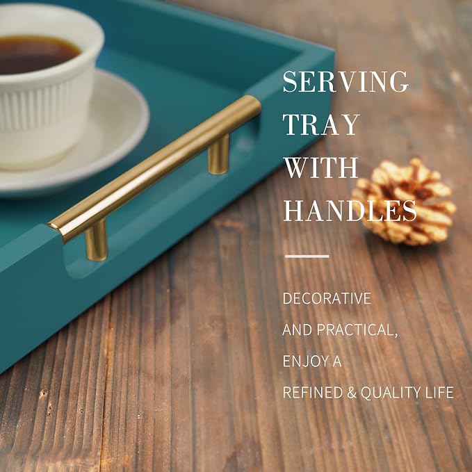 Wooden Decorative Coffee Table Tray, 16" Serving Tray with Handles, Matte Finish Decorative Tray, Ottoman Tray for Living Room, Perfume, Vanity Dresser Organizer (Teal Green)