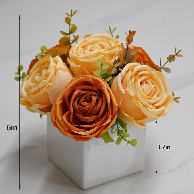 Fall Artificial Orange Silk Fake Rose with Ceramic Vase Autumn Table Decor | White Ceramic Vase Floral Arrangement, Autumn Decor for Office Kitchen Shelf Bathroom Shelf FarmhouseThanksgiving Halloween