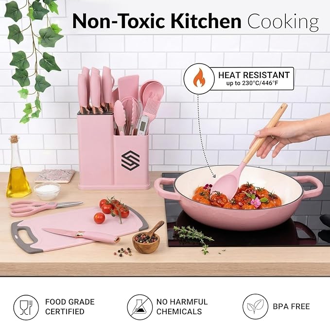 19 PCS Pink Silicone Cooking Utensils Set with Wooden Handle & Knife Set Block, Heat-Resistant Spatula, Spoon, Ladle, Whisk with Holder – BPA Free, Silicone Kitchen Utensil Set for Cooking & Baking