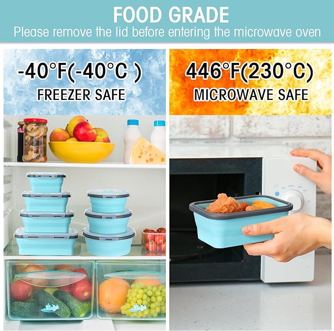 Yaomiao 16 Pack Collapsible Food Storage Containers with Lid Foldable 8 Pcs Rectangle Storage Bowl and 8 Pcs Round Silicone Food Bow for Lunch Camping Rv Accessories Microwave Freezer(Gray, Blue)