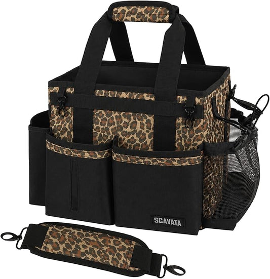 SCAVATA Compact Wearable Cleaning Caddy, Small Cleaning Supplies Organizer with Handle & Shoulder Straps for Housekeepers, under Sink & Car Cleaning Tool Organizers Bag (Leopard)