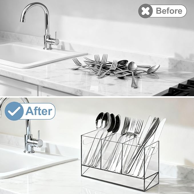 Utensil Holder, Upgrade Stainless Steel Utensil Drying Rack with Automatic Drain Tray for Kitchen Counter, Silverware Cutlery Organizer for Spoons, Forks, Knifes, Chopsticks (Clear Acrylic)