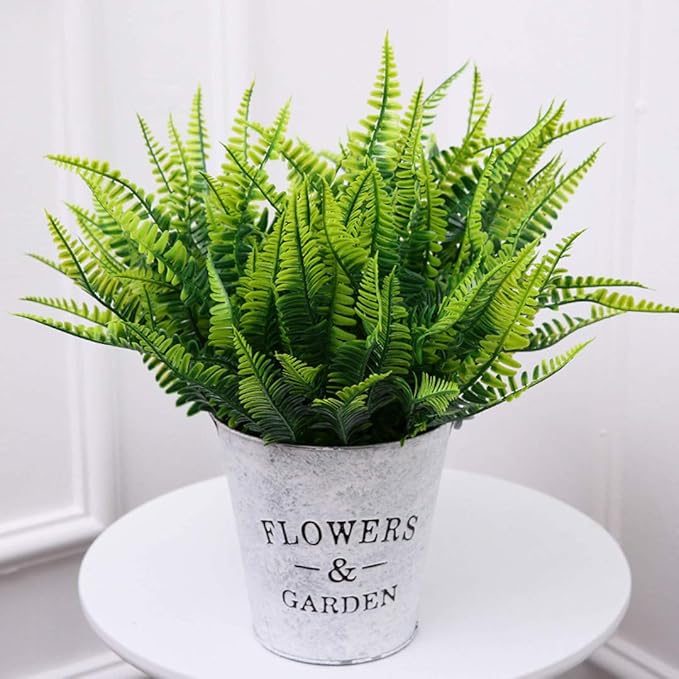 Artificial Boston Ferns Plants, Plastic Persian Grass Faux Shrubs Fake Leaves Simulation Greenery Bushes Home Outdoor Indoor Garden Wedding Decoration Office Yard Verandah Planter Filler – 4 Pack