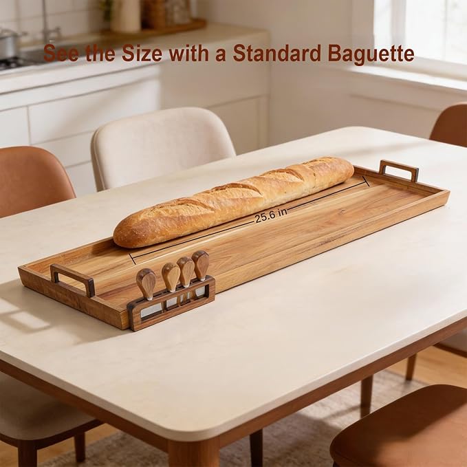 Large Charcuterie Board with Cheese Knife Set,36 x 12 Inch Acacia Wood Large Serving Tray with Handles,Long Wooden Serving Board with 30Pcs Wax Paper,3ft Extra Long Cheese Board