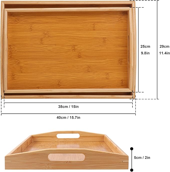 2 PCS Bamboo Serving Tray, 2 Size Nested Breakfast Bed Tray with Handle, Wood Serving Tray for Serving, Breakfast Bed Trays for Eating, Decor, Displaying Cake, Fruit