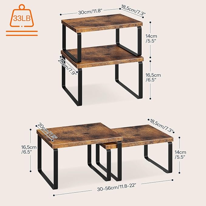 HOOBRO Cabinet Organizer Shelf, Set of 2, Kitchen Countertop Organizer, Kitchen Countertop Shelf, Spice Rack for Counter, Stackable, Expandable for Cabinet, Kitchen, Rustic Brown and Black BF33TL01