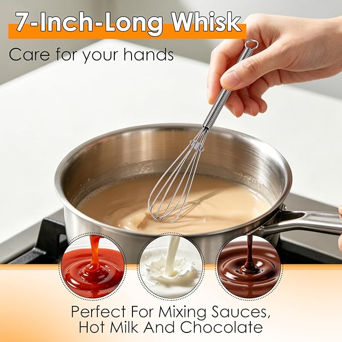 HOTEC 5 & 7 Inch Mini Whisks Anti-Rust 304 Stainless Steel Small Whisk for Cooking, Baking, Mixing Ingredients & Deep Containers