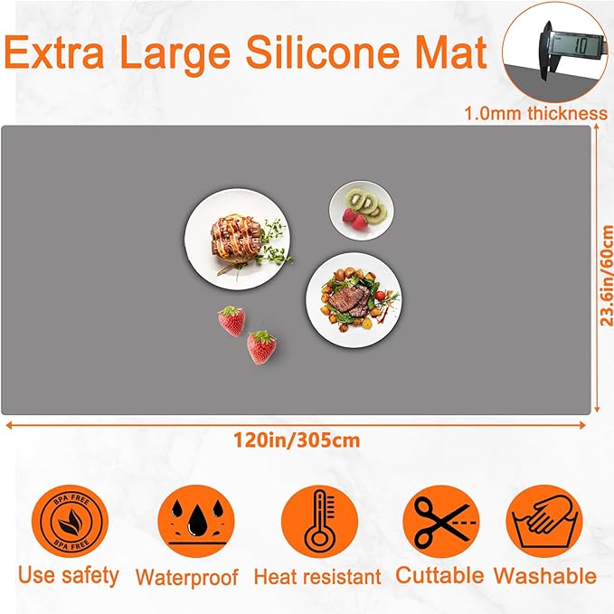120''x24''(305cmx60cm) Extra Large Silicone Mat for Kitchen Counter, Heat Resistant Countertop Protector, Non-Slip Waterproof Kitchen Island Mat, Easy to Clean, Black
