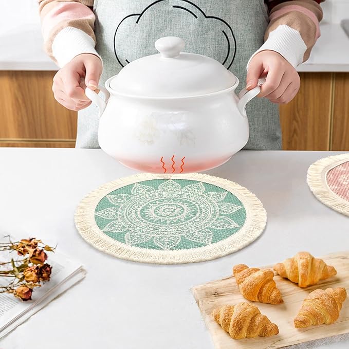 LOMOHOO Set of 4 Round Placemats 13 Inch Table Mats Boho Cotton Woven Mandala Tassels Heat Proof Washable Circle Place Mat for Kitchen Dining Wedding Farmhouse Home Decoration Colorful-4pcs