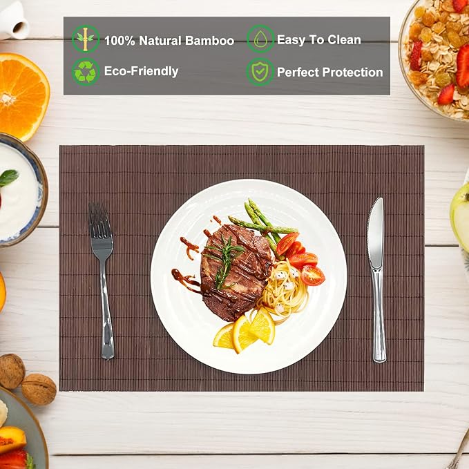 Set of 12 Pcs Bamboo Placemats Natural Anti-Slip Bamboo Placemats Washable Heat-Resistant Table Mats for Dining Room and Kitchen(Chocolate)