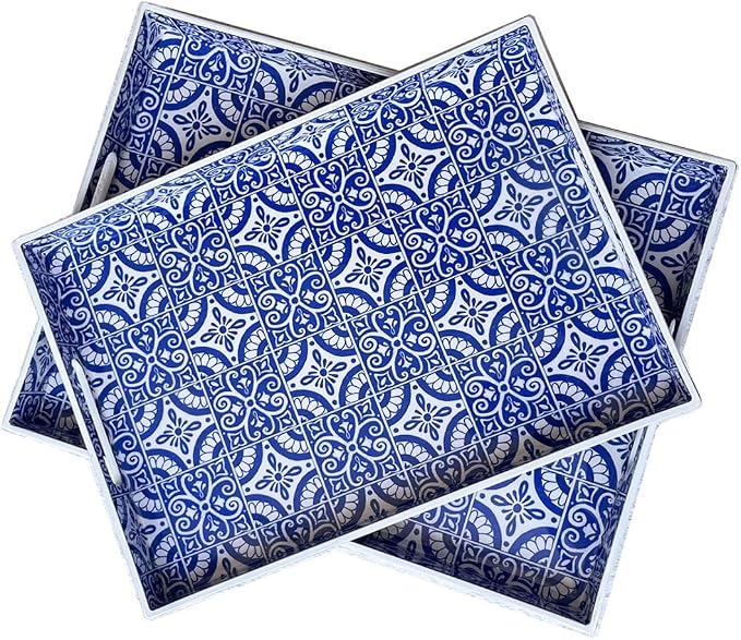2 Pack Serving Tray with Handles, Rectangular Decorative Trays for Coffee Table, Modern Blue Plastic Ottoman Tray for Living Room, Bathroom, Kitchen, Decor, (Boho Blue)