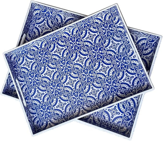 2 Pack Serving Tray with Handles, Rectangular Decorative Trays for Coffee Table, Modern Blue Plastic Ottoman Tray for Living Room, Bathroom, Kitchen, Decor, (Boho Blue)