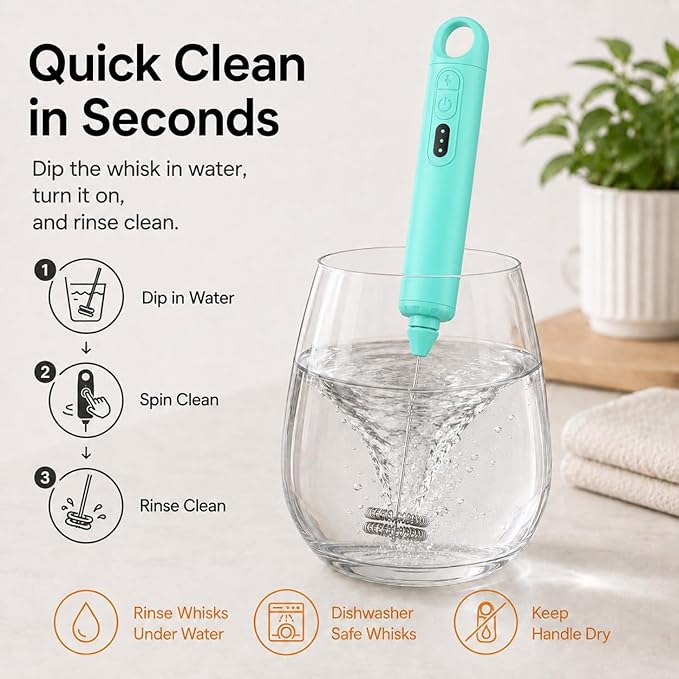 Rechargeable Milk Frother Handheld 3 Speed Coffee Foamer [3 Whisk] Electric Drink Mixer for Latte, Cappuccino, Coffee, Eggs, Hot Chocolate, Mint