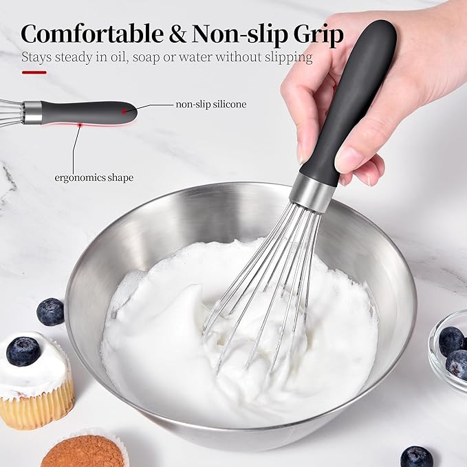 Small Whisk: Stainless Steel 9in Wire Balloon Wisk Kitchen Egg Whisker Heavy Duty Hand Mixer for Cooking Baking Whipping Blending Mixing Stirring Sauce, Flour, chocolate (Black)
