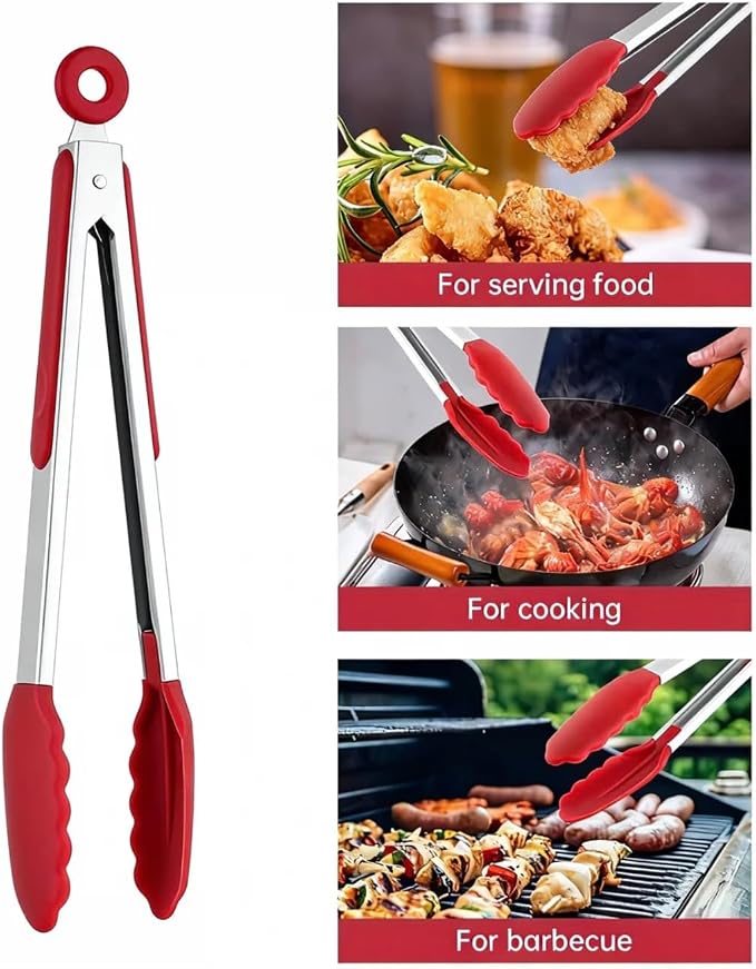 12 Inch Kitchen Tongs, Cooking Tongs with Silicone Tips and Stainless Steel Handle, Non Stick Heat Resistant Tongs for Cooking, Buffet, Salad Serving (12", Red)
