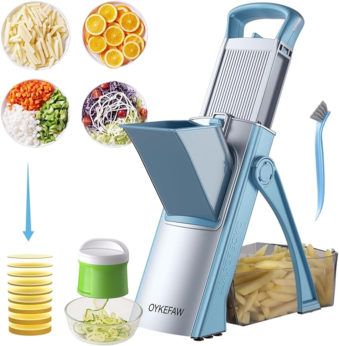 Safe Mandoline Slicer for Kitchen, 6 in 1 Vegetable Chopper, French Fry Cutter For Potatoes, Potato Slicer,Food Chopper,Adjustable Thickness 0.1-8 mm, With Peeler/Cleaning Brush (Blue+green)