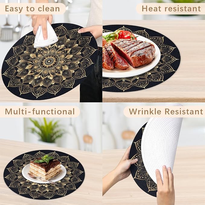 Round Placemats Set of 4, Bohemian Mandala Woven Placemats Mats Non-Slip Heat Resistant Washable Table Mats Round Braided Place for Farmhouse Kitchen Dining Party Decor 15in