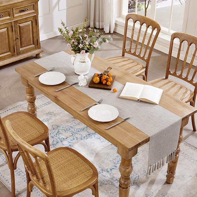Linen Style Rustic Table Runner, Farmhouse Cotton Linen Table Runner, Boho Table Runners 72 Inches Long with Hand Tassels for Home Tabletop Decor and Everyday Use - Light Coffee, 72 Inch