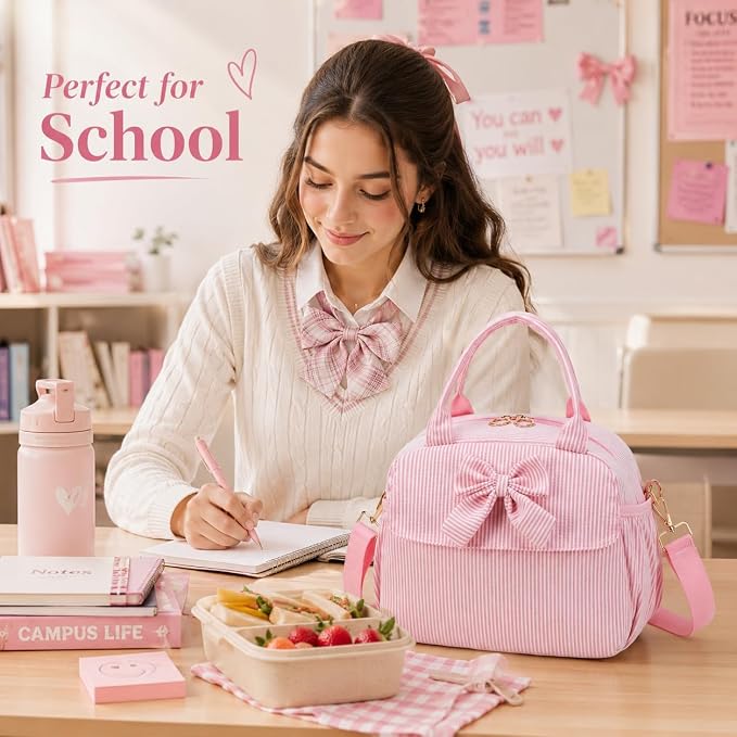 LEDAOU Lunch Box for Women, Insulated Lunch Bag for Women, Cute Small Pink Lunch Tote Bag for Work with Bow, Lunch Purse with Shoulder Strap, Reusable Lunchbox for Office, Teacher, Nurse