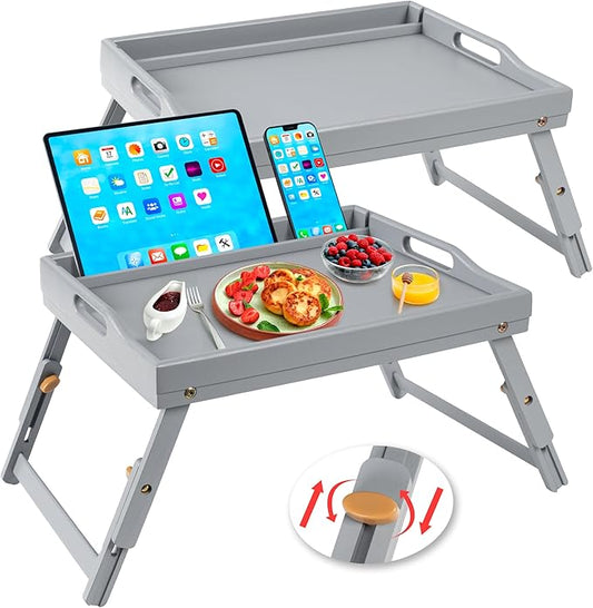 Greenual 2 Pack Bed Tray Table with Handles Folding Legs, Bamboo Breakfast Food Tray with Media Slot, Use As Platter, Laptop Desk, Snack, TV Tray Kitchen Serving Tray(Grey)