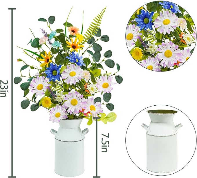 Krissing Fake Flowers with Vase, 23" Tall Faux Floral Arrangement in Metal Pot Silk Artificial Wild Yellow Flowers Greenery Stems for Table Centerpieces Home Dining Room Spring Decor