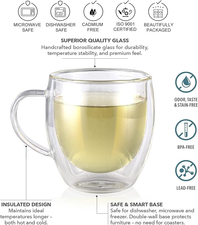 Teabloom Double Walled Cups – 8 oz / 250 ml – Set of 4 Insulated Glass Cups for Tea, Coffee, Espresso, and More – Clarity Glasses
