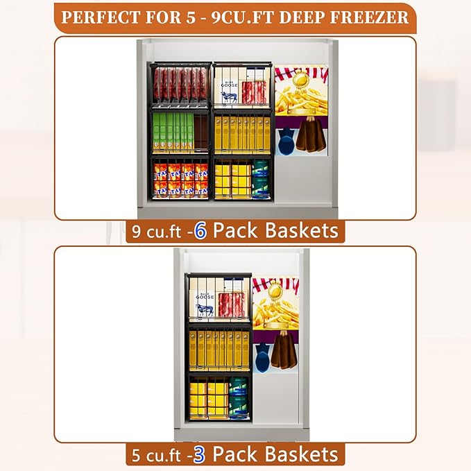 Large Freezer Organizer Bins, Upgrade One-Touch Open/Close, for 5-9 Cu.Ft Deep Freezer, 3 Pack Stackable Deep Freezer Organizer Bins, Black Wire Foldable Baskets (Black 3 Pack)