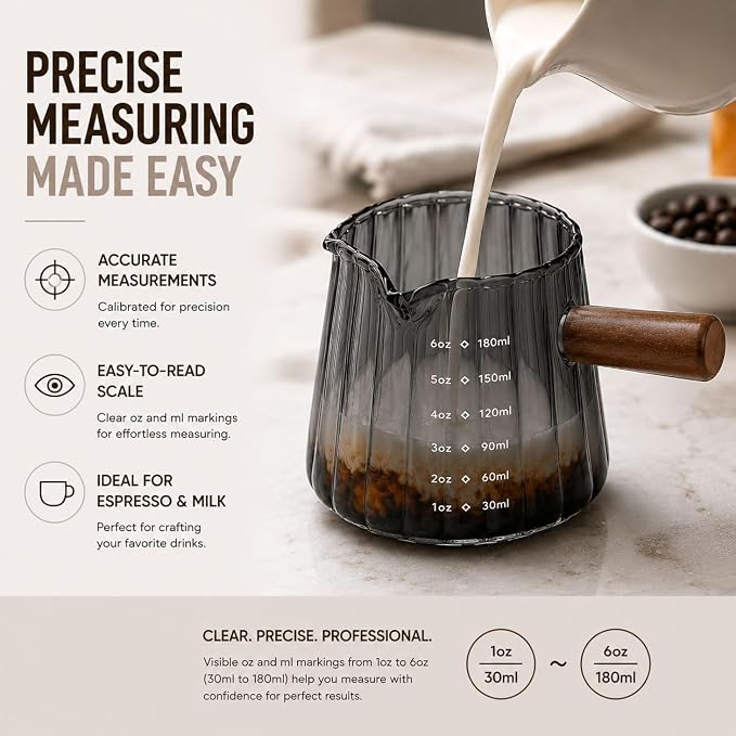 2 Pack Espresso Measuring Cup 6oz, Febwind Ribbed Borosilicate Glass Espresso Shot Cups with Wood Handle, V-Shaped Spout with oz/ml Scale for Coffee and Milk Frothing Gray