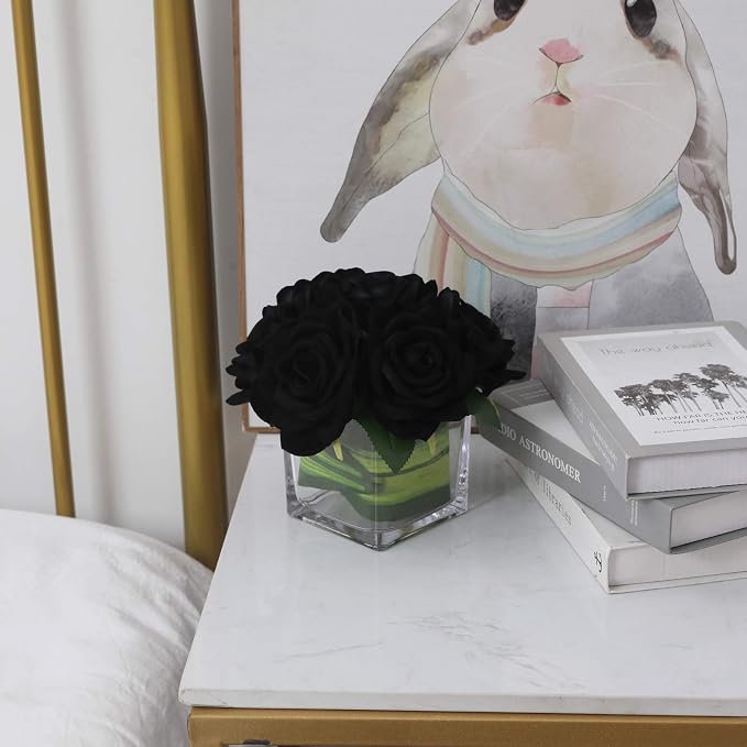 Fule Artificial Velvet Rose Flower Centerpiece Arrangement in vase for Home Wedding Decoration (Black)